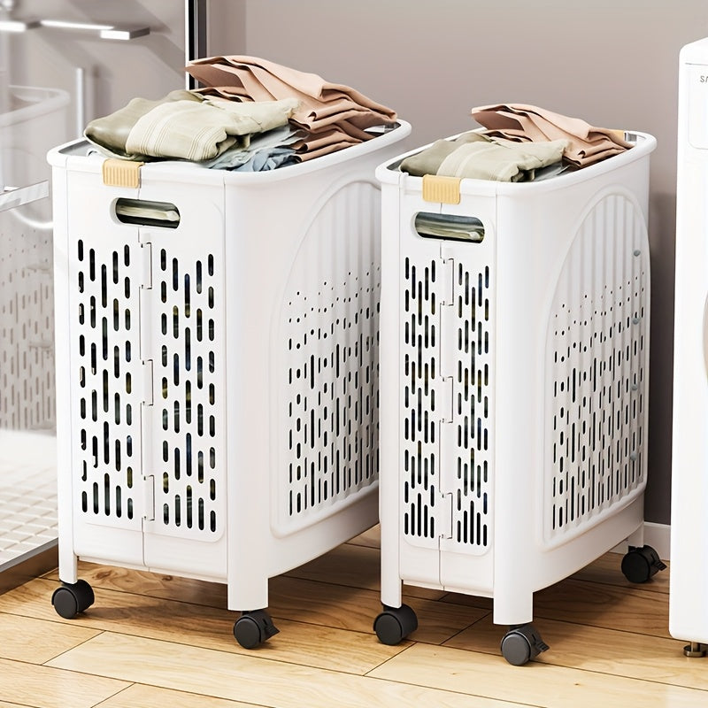 A wheeled foldable plastic laundry basket, suitable for dirty clothes and easy to move. It features a V1102-XYL001
