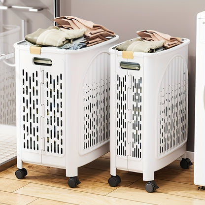 A wheeled foldable plastic laundry basket, suitable for dirty clothes and easy to move. It features a V1102-XYL001