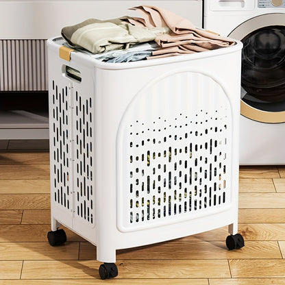 A wheeled foldable plastic laundry basket, suitable for dirty clothes and easy to move. It features a V1102-XYL001