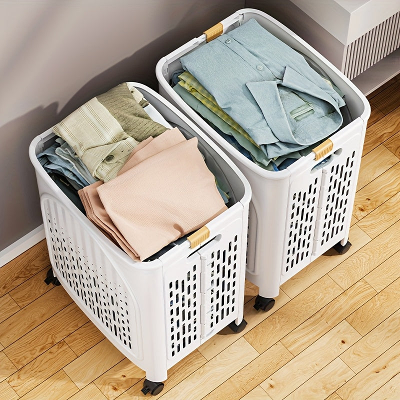 A wheeled foldable plastic laundry basket, suitable for dirty clothes and easy to move. It features a V1102-XYL001