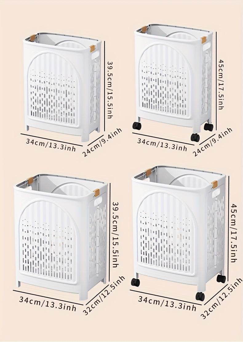 A wheeled foldable plastic laundry basket, suitable for dirty clothes and easy to move. It features a V1102-XYL001
