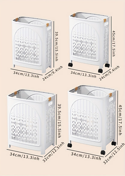 A wheeled foldable plastic laundry basket, suitable for dirty clothes and easy to move. It features a V1102-XYL001