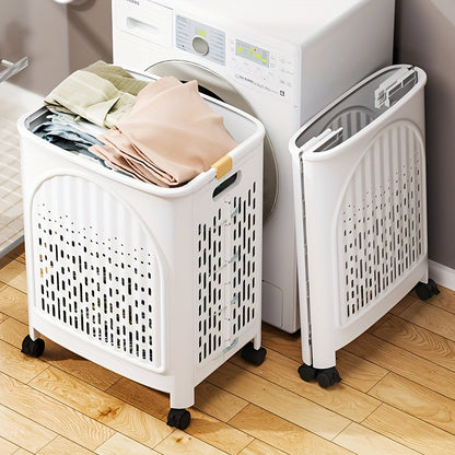 A wheeled foldable plastic laundry basket, suitable for dirty clothes and easy to move. It features a V1102-XYL001