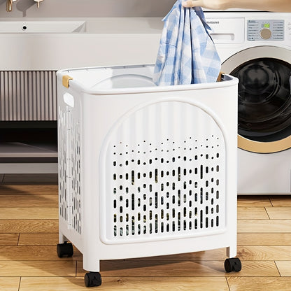 A wheeled foldable plastic laundry basket, suitable for dirty clothes and easy to move. It features a V1102-XYL001