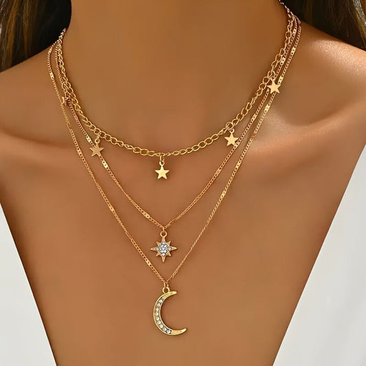 An elegant star, crescent, and sparkle rhinestone-embedded collarbone necklace, a multi-layer pendant V1102-XYMXXL001