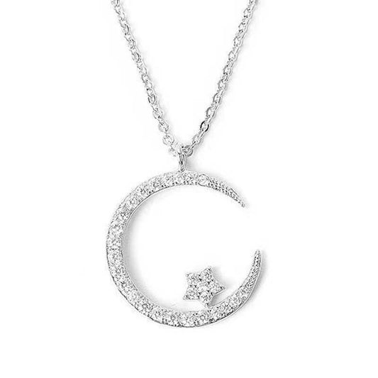 silver"Crescent and Stars" Crystal Necklace: Weaving the Galaxy into a Chain, Crafting a Flowing Dazzling V1102-XYXL002