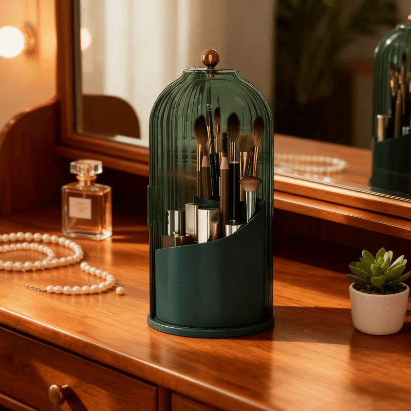 Transparent Rotating Makeup Brush Holder: 360 degrees Rotation for Easy Access, Dust-Proof with Compartments, V1102-XZHZSNH006