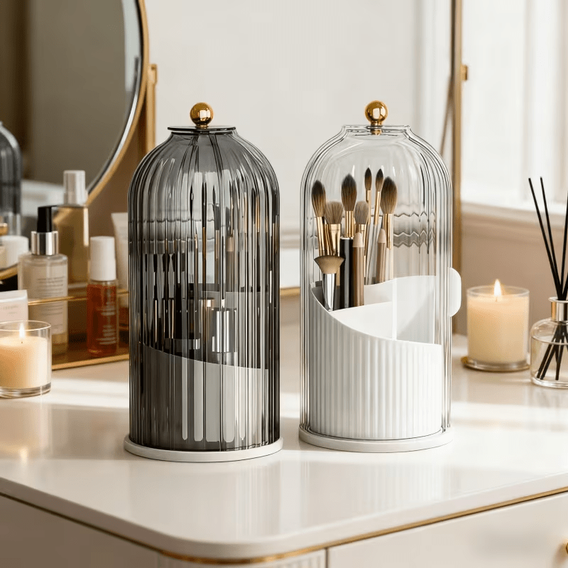 Transparent Rotating Makeup Brush Holder: 360 degrees Rotation for Easy Access, Dust-Proof with Compartments, V1102-XZHZSNH006