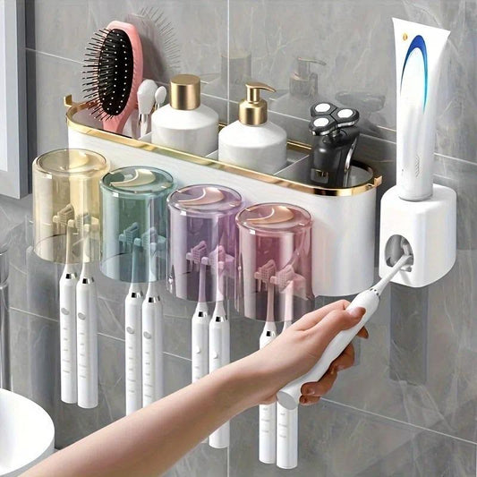 4-in-1 White(four people) Wall-Mounted Toothbrush Holder | Toothbrush Storage/Toothpaste Dispenser/Storage V1102-YSHSW001