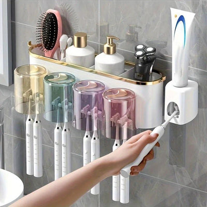 4-in-1White(three people) Wall-Mounted Toothbrush Holder | Toothbrush Storage/Toothpaste Dispenser/Storage V1102-YSJSW001