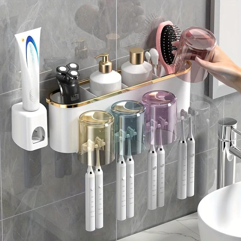 4-in-1White(three people) Wall-Mounted Toothbrush Holder | Toothbrush Storage/Toothpaste Dispenser/Storage V1102-YSJSW001