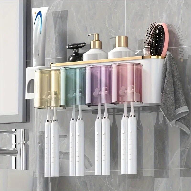4-in-1White(three people) Wall-Mounted Toothbrush Holder | Toothbrush Storage/Toothpaste Dispenser/Storage V1102-YSJSW001