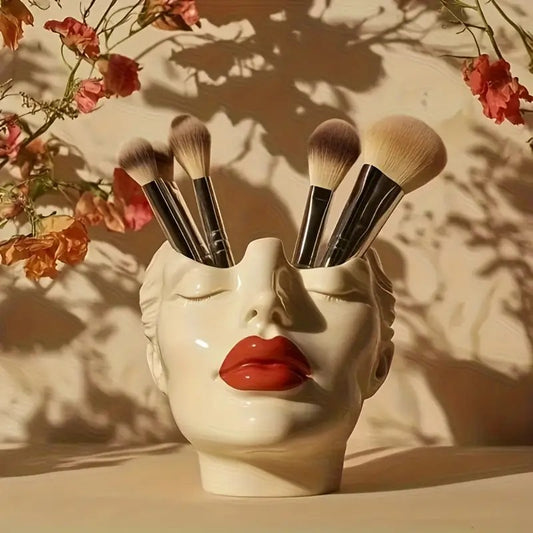 1 Piece Elegant Resin Makeup Brush Holder with Red Lips Design - Lightweight Synthetic Cosmetics Organizer V1102-YSSZSNH001