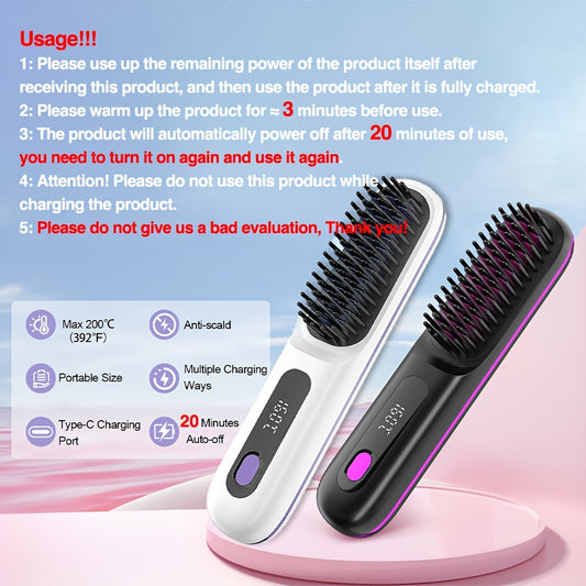 White Cordless Hair Straightener Brush: Dual 2000mAh batteries for long-lasting power, fast heating, creates V1102-ZFQ002