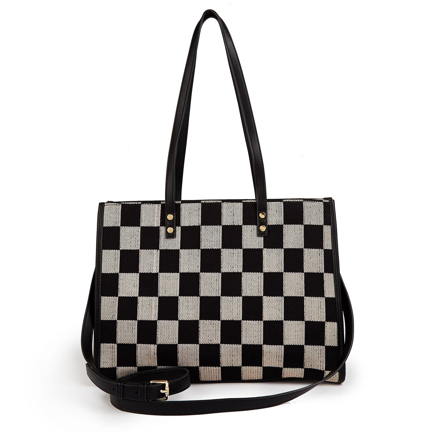 Stylish Black Khaki Checkerboard Tote Bag Large Capacity Women's Shoulder Handbag for Work & Daily Use V1105-YABB-06