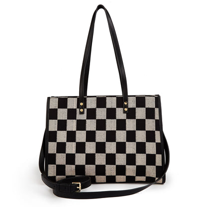 Stylish Black Khaki Checkerboard Tote Bag Large Capacity Women's Shoulder Handbag for Work & Daily Use V1105-YABB-06