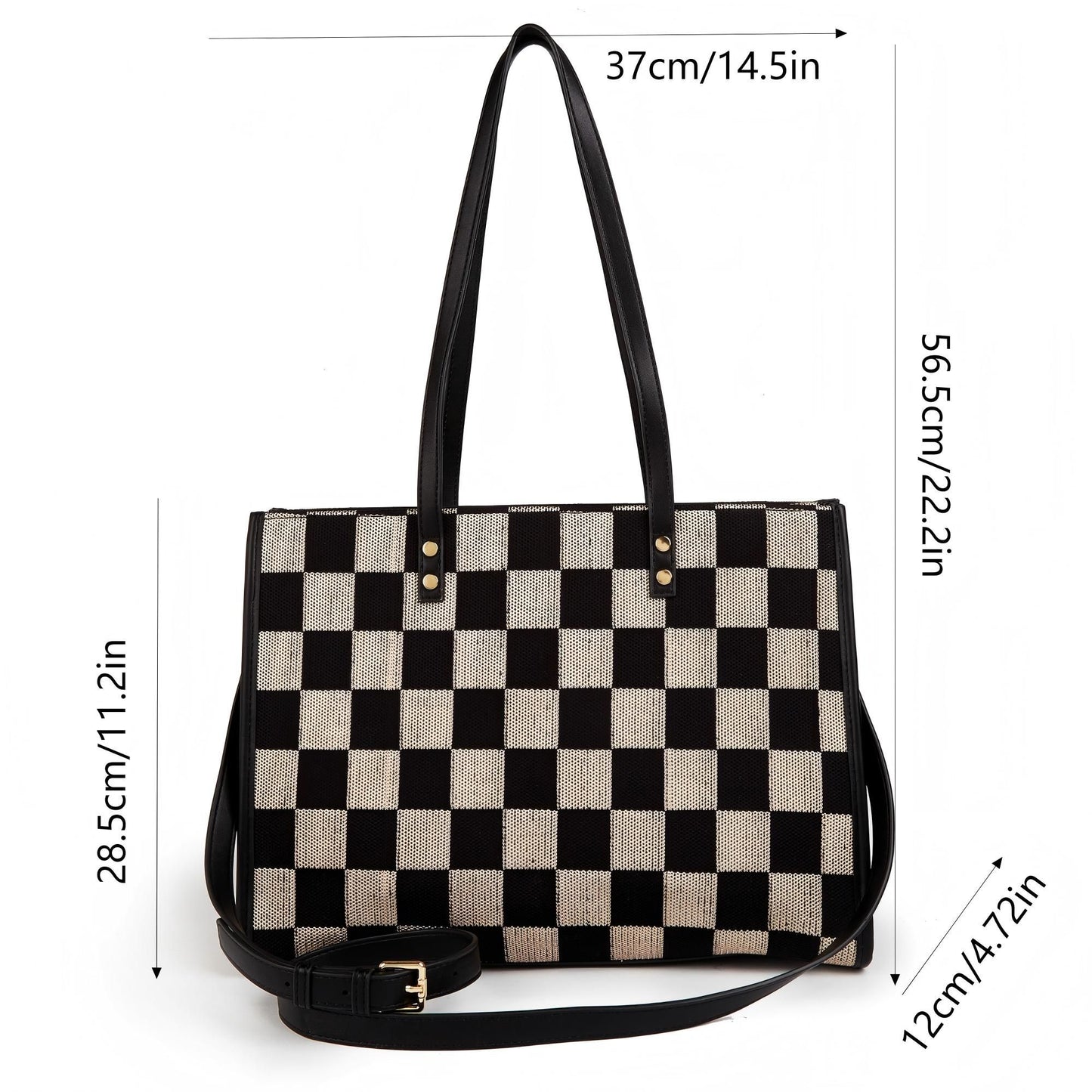 Stylish Black Khaki Checkerboard Tote Bag Large Capacity Women's Shoulder Handbag for Work & Daily Use V1105-YABB-06