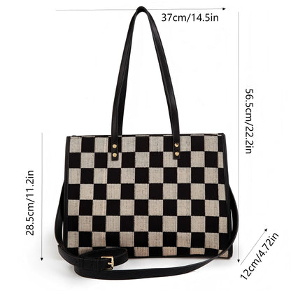 Stylish Black Khaki Checkerboard Tote Bag Large Capacity Women's Shoulder Handbag for Work & Daily Use V1105-YABB-06