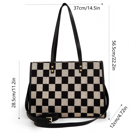 Stylish Black Khaki Checkerboard Tote Bag Large Capacity Women's Shoulder Handbag for Work & Daily Use V1105-YABB-06