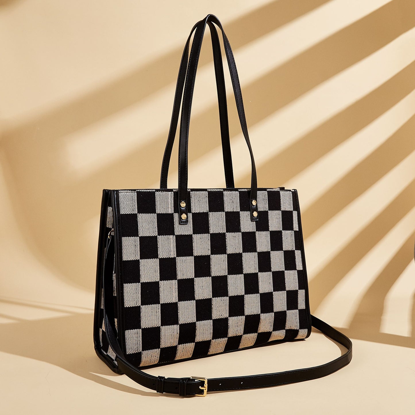 Stylish Black Khaki Checkerboard Tote Bag Large Capacity Women's Shoulder Handbag for Work & Daily Use V1105-YABB-06