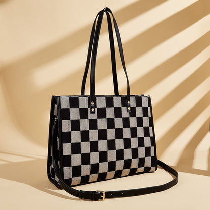 Stylish Black Khaki Checkerboard Tote Bag Large Capacity Women's Shoulder Handbag for Work & Daily Use V1105-YABB-06
