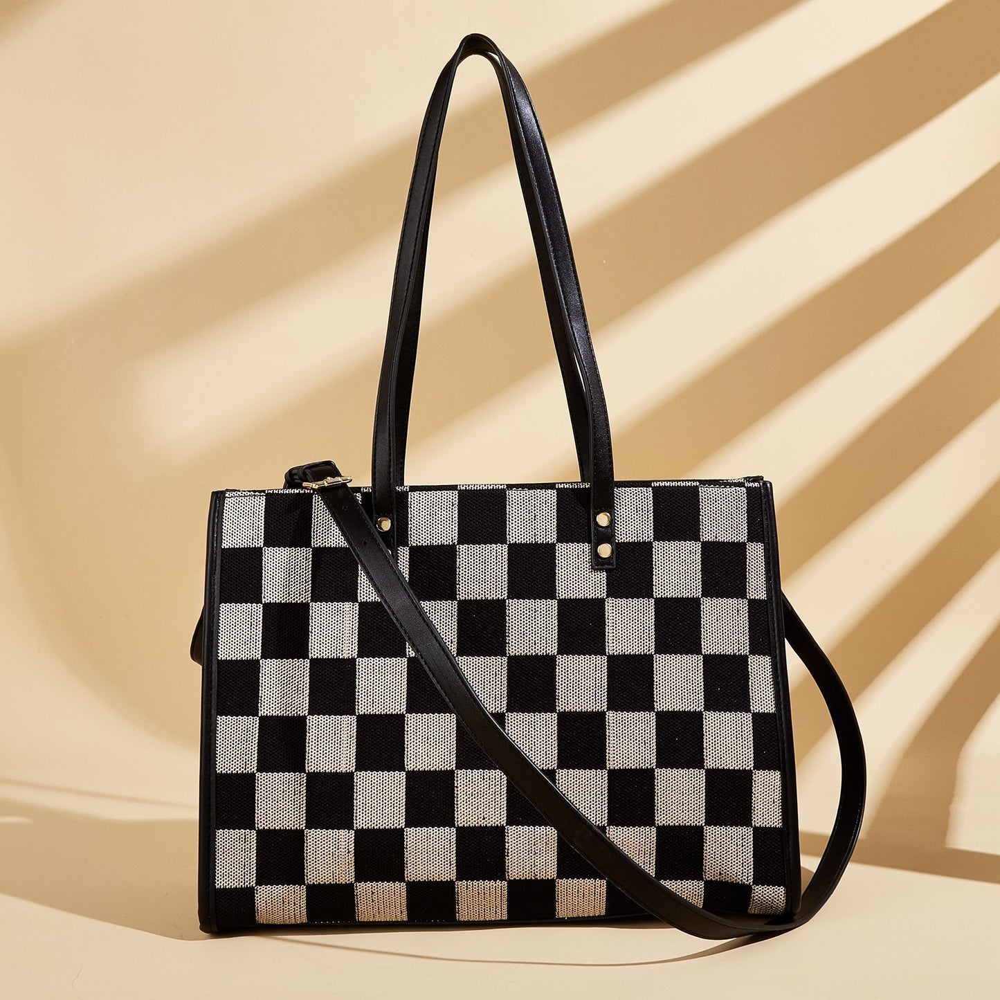 Stylish Black Khaki Checkerboard Tote Bag Large Capacity Women's Shoulder Handbag for Work & Daily Use V1105-YABB-06