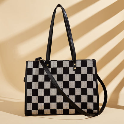Stylish Black Khaki Checkerboard Tote Bag Large Capacity Women's Shoulder Handbag for Work & Daily Use V1105-YABB-06