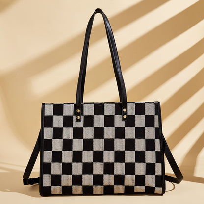 Stylish Black Khaki Checkerboard Tote Bag Large Capacity Women's Shoulder Handbag for Work & Daily Use V1105-YABB-06