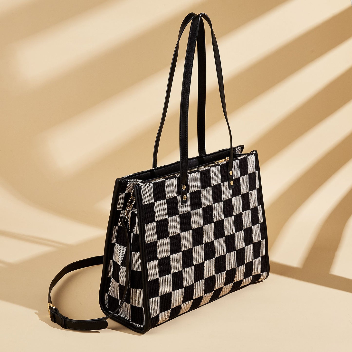 Stylish Black Khaki Checkerboard Tote Bag Large Capacity Women's Shoulder Handbag for Work & Daily Use V1105-YABB-06