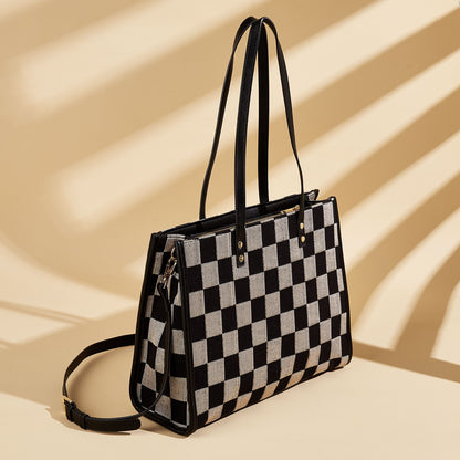 Stylish Black Khaki Checkerboard Tote Bag Large Capacity Women's Shoulder Handbag for Work & Daily Use V1105-YABB-06