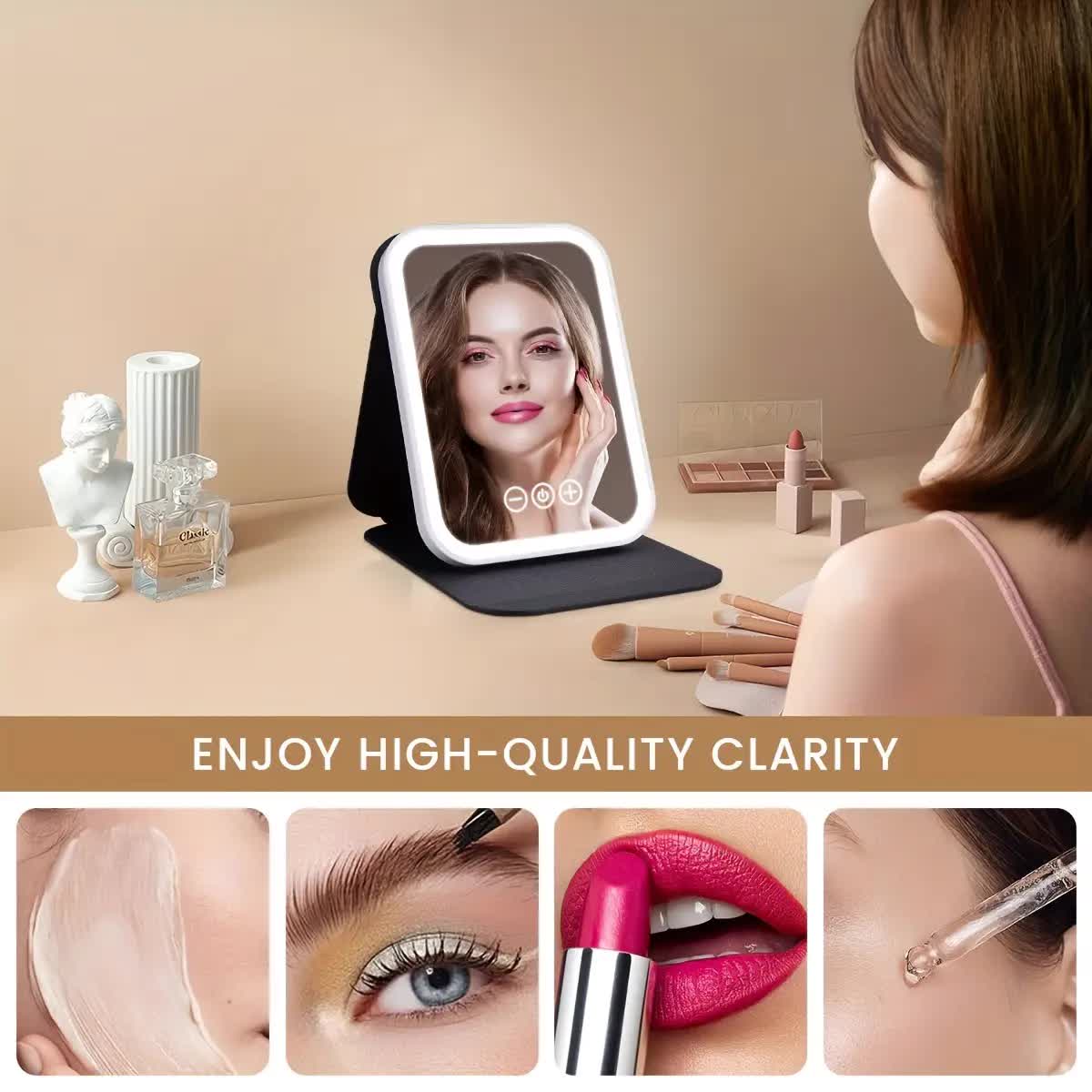 LED folding makeup mirror with light, portable travel beauty mirror with light, three-color adjustable light, V1105-YAHZJ-003