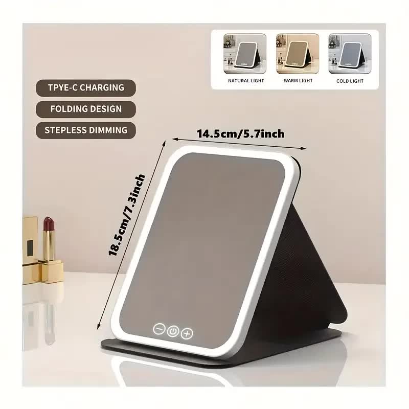 LED folding makeup mirror with light, portable travel beauty mirror with light, three-color adjustable light, V1105-YAHZJ-003