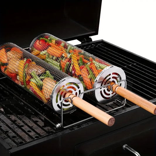 2-Pack Stainless Steel Rotating Grill Baskets with Removable Wooden Handle - Durable 304 Mesh for Veggies, V1105-YASK-001