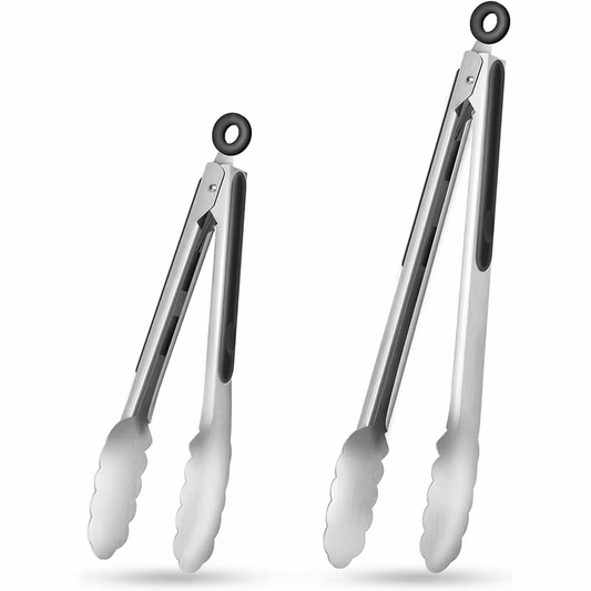 Stainless steel kitchen tongs set (2 pieces), silicone anti-slip handle, lockable barbecue food tongs, V1105-YASK-002