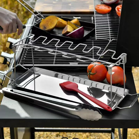 Stainless steel chicken leg and wing rack three-piece set: Foldable standing grill + baking tray + cleaning V1105-YASK-003