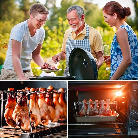 Stainless steel chicken leg and wing rack three-piece set: Foldable standing grill + baking tray + cleaning V1105-YASK-003