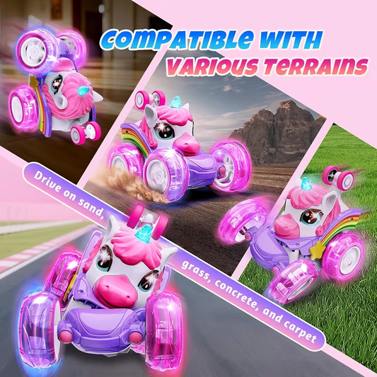 Unicorn remote control car for girls, 360 degrees rotating four-wheel drive stunt remote control car with V1105-YAYKC-01