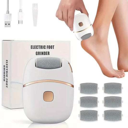 Rechargeable electric foot exfoliator with 6 replaceable heads for removing dead skin and polishing. Powered V1105-YAZB-001