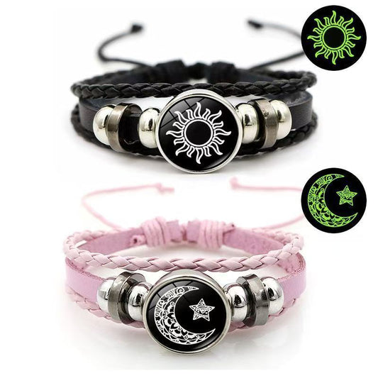Luminous Sun and Moon Couple Bracelet - Night Light with Woven Leather Jewelry, Suitable for Couples, V1106-DSZ-001-122