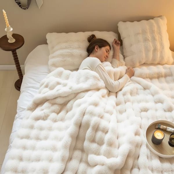 White Luxury Toscana Fleece Rabbit Fur Bubble Blanket, Double-Sided Plush King Size Bedding Set (180x200 cm) V1106-DSZ-BLK-0018