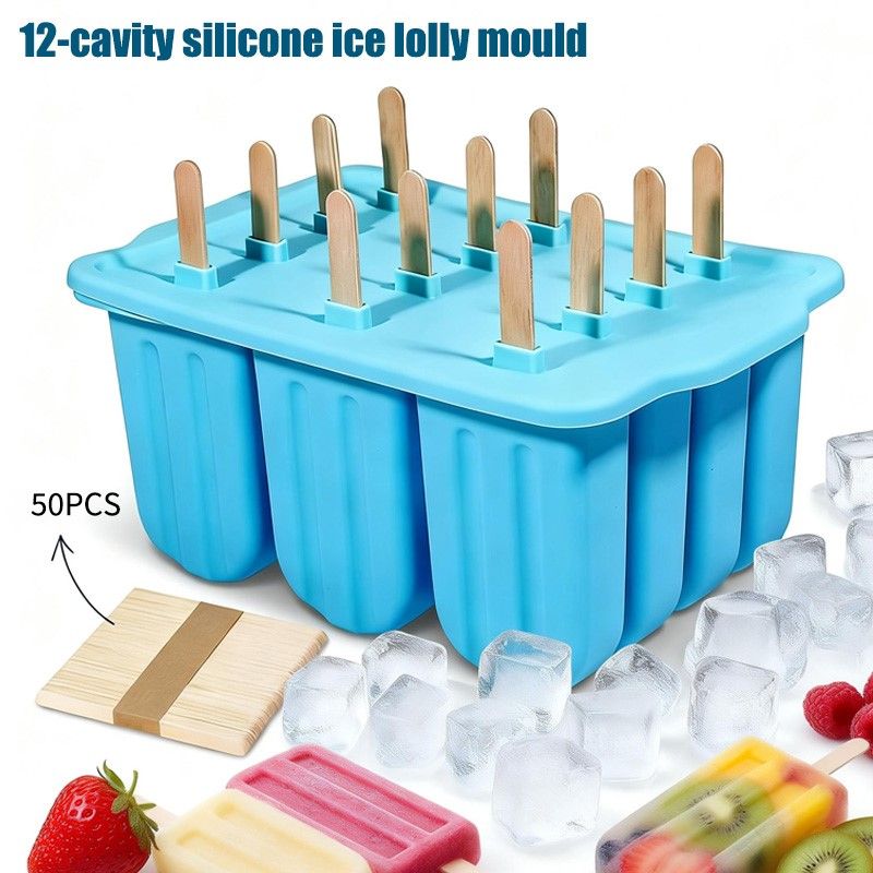 12-Cavity Silicone Ice Lolly Mould with 50 Wooden Sticks V1106-DSZ-KCH-0852