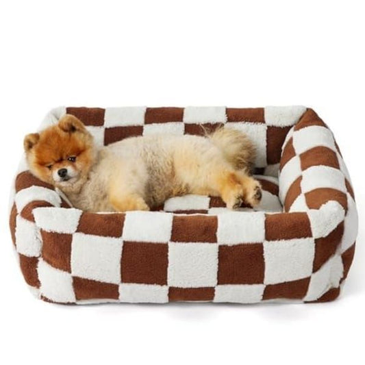 Adorable Square Furry Pet Bed 91x68x20CM with Removable Cover & 5 Bolster Pillows - Brown Checkered V1106-DSZ-PET-085