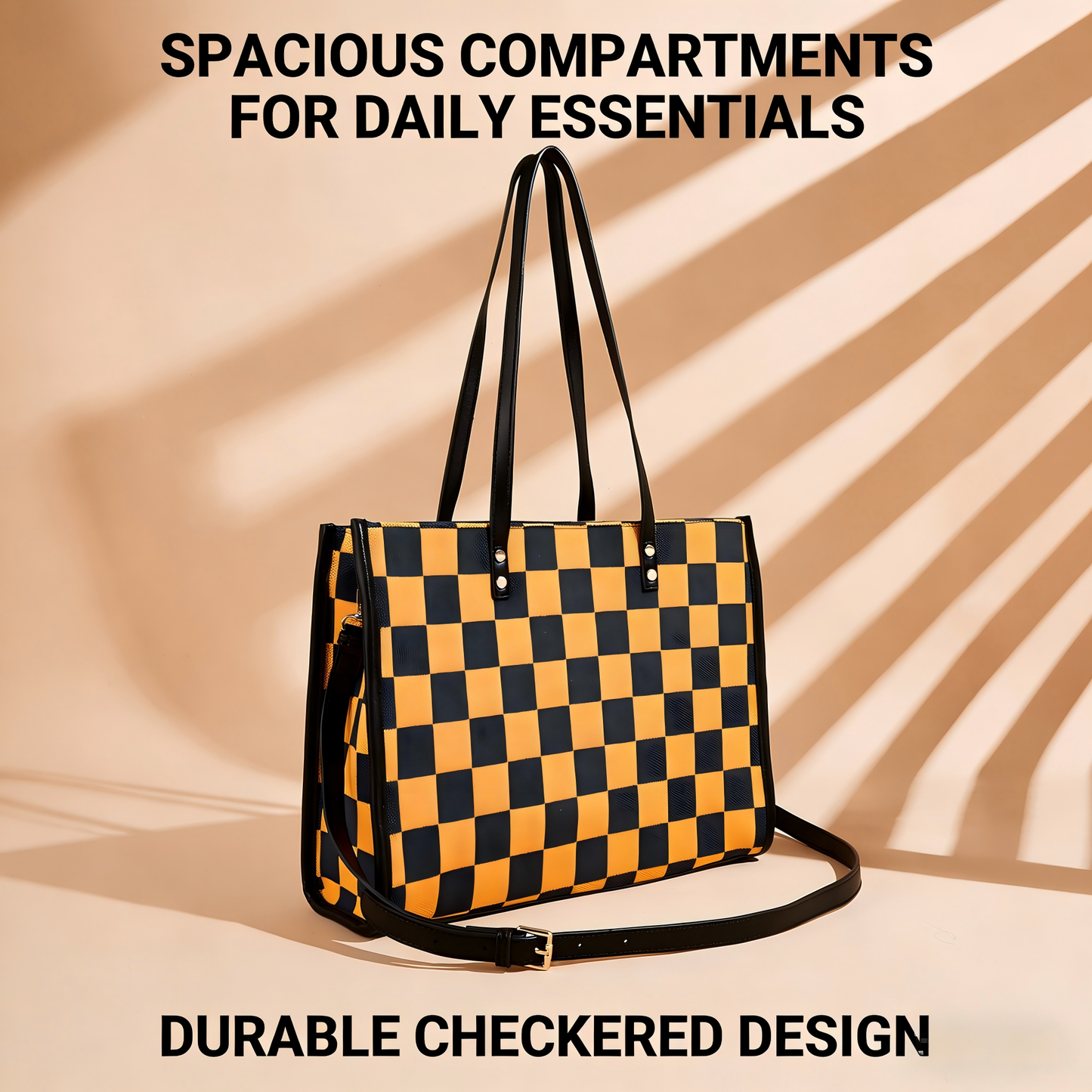 Yellow and black checkered tote bag | Go shopping/to work/on a trip, wear it in different styles V1106-HEBB-002