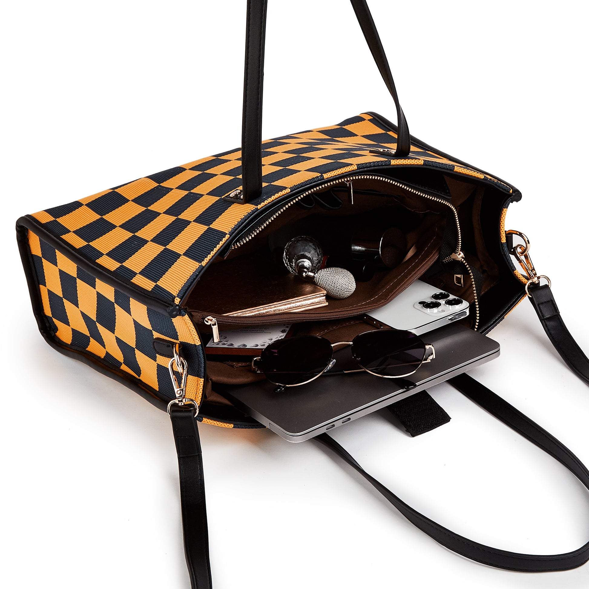 Yellow and black checkered tote bag | Go shopping/to work/on a trip, wear it in different styles V1106-HEBB-002