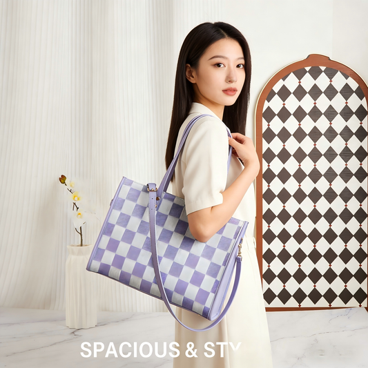 "Taro Mud Chessboard" light purple tote bag | two-in-one handbag and cross-body bag, can hold a computer + V1106-HEBB-005