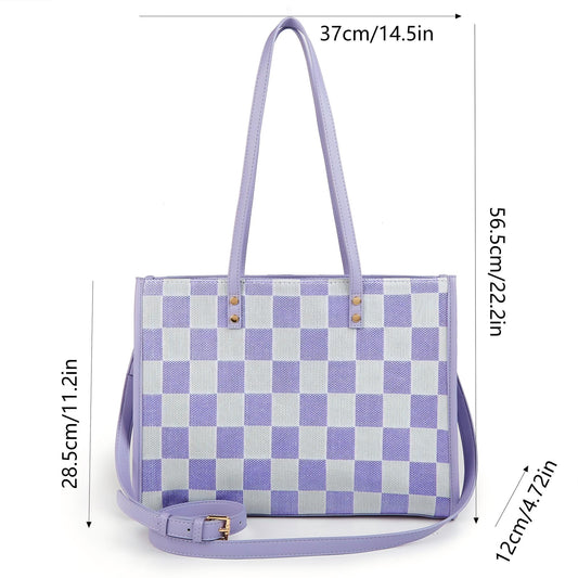 "Taro Mud Chessboard" light purple tote bag | two-in-one handbag and cross-body bag, can hold a computer + V1106-HEBB-005