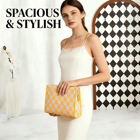 "Yuanqi Checkerboard" Warm Yellow tote bag | Two-in-one handbag and cross-body bag, can hold sunshine and V1106-HEBB-006