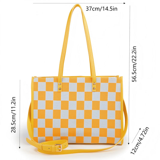"Yuanqi Checkerboard" Warm Yellow tote bag | Two-in-one handbag and cross-body bag, can hold sunshine and V1106-HEBB-006