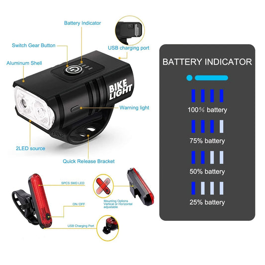 1 pack of bicycle lights | front and rear lights, 4 modes, USB charging, super bright LED night riding V1106-HEDC-001