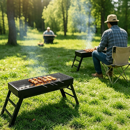 Portable foldable barbecue grill with adjustable height and built-in side rack - heavy-duty metal outdoor V1106-HELZ-002